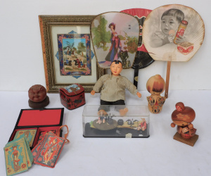 Lot 159 - Group lot Oriental items inc Wooden Kokeshi dolls, Hand Fans Cased Fis