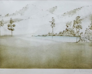 Lot 251 - Peter Hickey (1943 - ) Framed Colour Etching - Untitled (Misty Landsca Lot 251 - Peter Hickey (1943 - ) Framed Colour Etching - Untitled (Misty Landsca