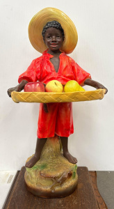 Lot 271 - Tall c1920s plaster black boy statue holding card holder with 3 pces Lot 271 - Tall c1920s plaster black boy statue holding card holder with 3 pces