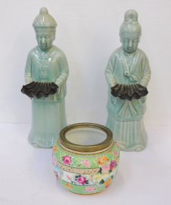 Lot 277 - 3 pces Oriental ceramics inc Pair Celedon glaze figures Man & Wome Lot 277 - 3 pces Oriental ceramics inc Pair Celedon glaze figures Man & Wome