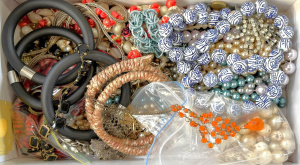 Lot 280 - Box costume jewellery - bangles, hp blue & white Chinese beads, br
