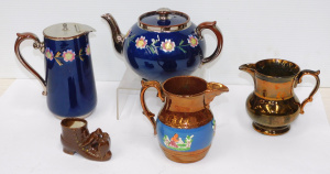 Lot 287 - Group lot of Victorian ceramics inc Copper Lustre Jugs, Tea Pot & Lot 287 - Group lot of Victorian ceramics inc Copper Lustre Jugs, Tea Pot &