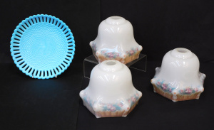 Lot 305 - 4 pces Glass inc 1940s Set of 3 Glass light shades with interior hand