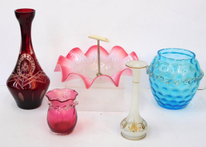Lot 307 - Group lot of Victorian Glass & Other inc Ruby glass vase with clea