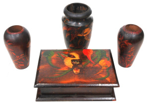 Lot 315 - 4 x pieces - Vintage Australian Pokerwork - Pair Small Vases w Kookabu