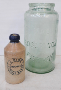 Lot 329 - 2 x pieces - Large vintage MacRobertson Fitzroy Glass Jar + Stoneware Lot 329 - 2 x pieces - Large vintage MacRobertson Fitzroy Glass Jar + Stoneware