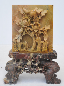 Lot 337 - Vintage Chinese Rectangle Soapstone Carving of Ornate Flowers & Bi