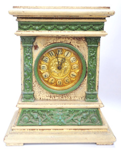 Lot 338 - Vintage Edwardian Mantle Alarm Clock - Cracked Cream paintwork with Gr Lot 338 - Vintage Edwardian Mantle Alarm Clock - Cracked Cream paintwork with Gr