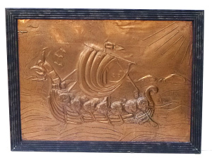 Lot 348 - Framed vintage Embossed Copper Plaque featuring a Viking Ship - no mar