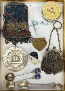 Lot 355 - Group - lge Stokes Silver Masons medallion 6 5cms D, 3 silver spoons,