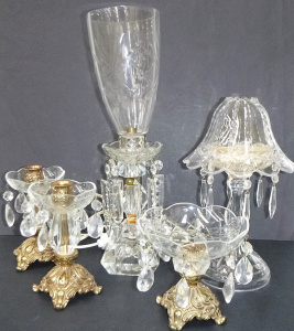 Lot 369 - 5 pces Crystal Lustres inc 3 pce Brass & Crystal Candlesticks &