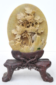 Lot 373 - Vintage Chinese Oval Soapstone Carving of Ornate Flowers & Birds o