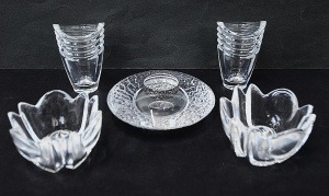 Lot 379 - Group lot - Clear Modernist Glass - pair signed Orrefors Candlesticks