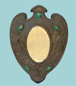 Lot 387 - English Arts & Crafts Wall Mirror - Beaten Pewter with coloured ra