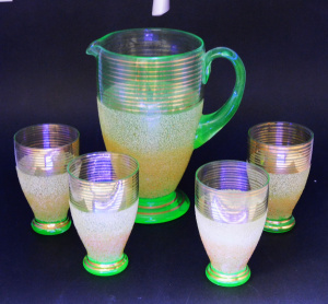 Lot 388 - 5 pce Mid Century Uranium glass Lemonade set - Gilt bands with two ton