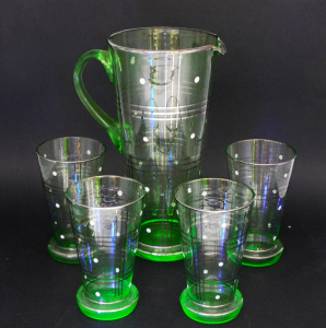 Lot 389 - Vintage 5 pce Uranium Glass Lemonade Drinks set - Silver Block pattern