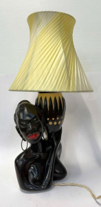 Lot 392 - Vintage plaster Barsony style black lady figural lamp, vase on shoulde