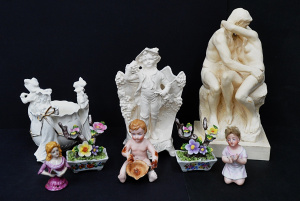 Group lot vintage ceramics inc Vintage Vases - Boy holding grapes & 3 maiden