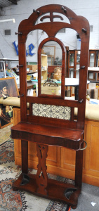 Lot 1 - Victorian Veneer Hall Stand w Tiled Section, Eight Coat Hooks, Brass Rai