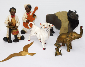 Lot 25 - Mixed group figures inc Brass Elephant with trunk up 17cm H, cat &