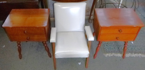 Lot 29 - Group lot - Pair 1970s Cottage Maple style Bedsides + Vinyl Upholstered