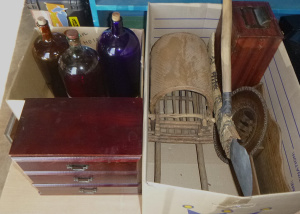 Lot 30 - 2 Boxes - Mixed Items inc PNG Stone Adze, Old Chemist Bottles, Wooden +