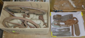 Lot 38 - 2 x boxes - old Metal Tools & Porcelain Insulators - rusty old Whee