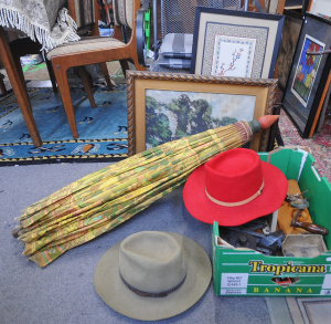 Lot 62 - Group Lot of Mixed Items incl Akubra Red Hat, Akubra Green hat, Ridge F