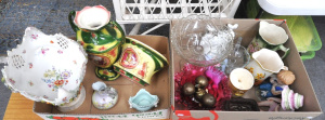 Lot 68 - 2 Boxes Mixed inc Ruby glass, brass door knobs, Victorian jugs, flat ba