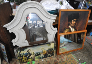 Lot 70 - Group Lot incl Large Mirror , Large Print, Pie Crust Mirror w Religious