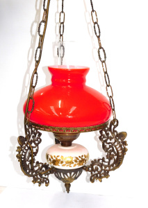Lot 75 - Ceiling Light with ornate brass fittings - ceramic bowl with gilt flora