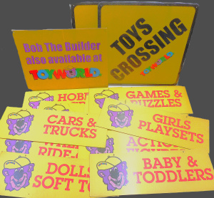 Lot 84 - Group of vintage Toyworld corflute and cardboard (double-sided) POS Sho