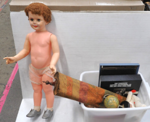 Lot 87 - Box lot - Mixed items - Large Doll & others, 1950s Colour Prints of