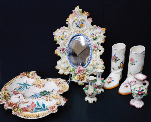 Lot 91 - Group of Italian ceramics inc Oval wall mirror with raised & applie