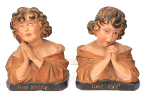 Lot 95 - Pair c1900-1920s Plaster Busts - Girls - Good Morning & Good Night