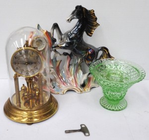 Lot 105 - Small lot - 1930s Green Depression glass vase w Frog, Brass Dome Clock