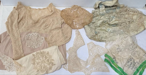 Lot 107 - Group vintage lace, linen incl Lace collar, doylies, silk scarves, cre