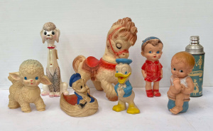Lot 110 - Grp incl Rubber, plastic Squeaky toys, pony, Donald Duck, boy etc, 60s