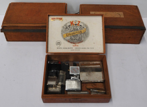 Lot 114 - Group lot - 3 x Wooden Boxes incl Cigar box + vintage Cigarette Lighte