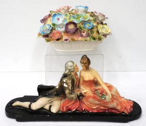 Lot 116 - 2 pces Vintage inc Courting Couple plaster figure 46cm L & oval li