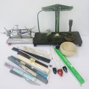 Lot 121 - Group lot of assorted Scientific items inc, scales, Bunsen burner, mor