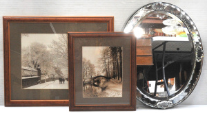 Lot 132 - 3 pces inc Vintage oval Wall mirror Bevelled edge with Patterned borde