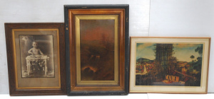 Lot 163 - 3 x framed Pictures - Pro Hart print 'Tower of Babel' + c1900 Oil pain