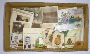 Lot 192 - Box Lot of ephemera inc vintage postcards, photographs & cigarette