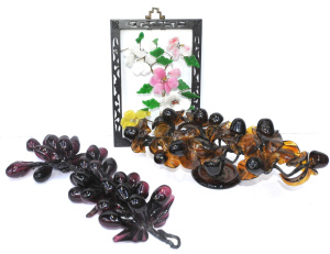 Lot 199 - Group lot - 2 x vintage Glass Grape Ornaments + Oriental panel w Glass