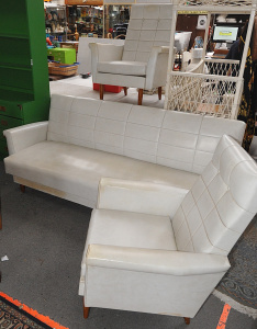 Lot 220 - Mid Century Three Piece White Vinyl Lounge Suite w 2 x Armchairs &