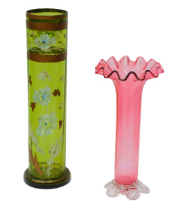 Lot 275 - 2 x vintage Victorian Glass Vase - Ruby glass w Ruffled Rim + Clear Fe