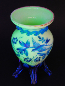 Lot 290 - Victorian Uranium Milk Glass vase - Applied blue glass scroll to neck
