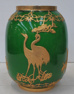 Lot 291 - Vintage Jade Green Opaline Glass Vase w Gilt Brass Overlay Mount in an