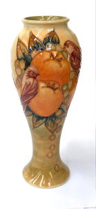 Lot 295 - Moorcroft Sally Tuffin Finches Ocre balaster Vase - 27 5 cms initials